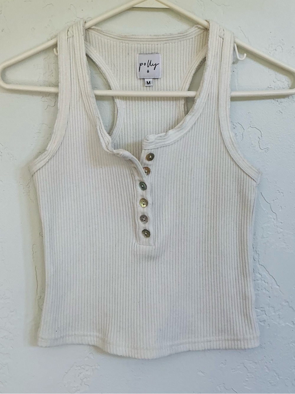 Just Polly White Ribbed Henley Tank Top